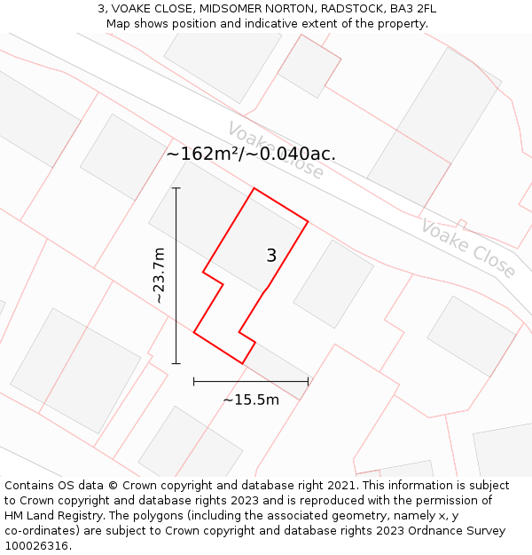 3, VOAKE CLOSE, MIDSOMER NORTON, RADSTOCK, BA3 2FL: Plot and title map