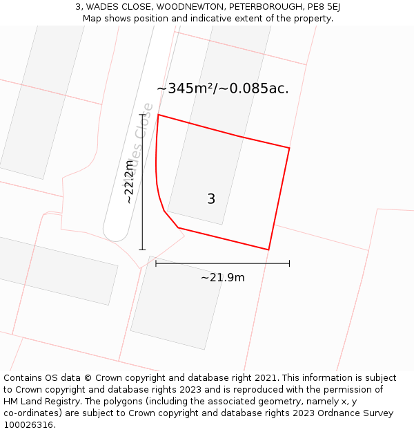 3, WADES CLOSE, WOODNEWTON, PETERBOROUGH, PE8 5EJ: Plot and title map