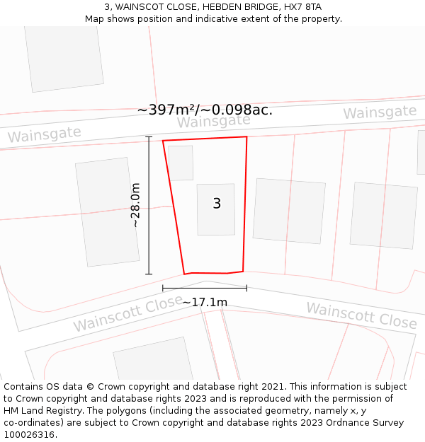 3, WAINSCOT CLOSE, HEBDEN BRIDGE, HX7 8TA: Plot and title map