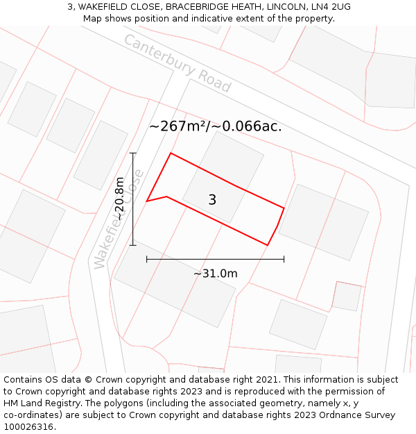 3, WAKEFIELD CLOSE, BRACEBRIDGE HEATH, LINCOLN, LN4 2UG: Plot and title map