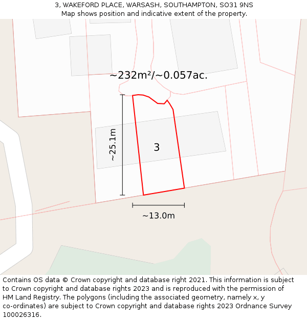 3, WAKEFORD PLACE, WARSASH, SOUTHAMPTON, SO31 9NS: Plot and title map