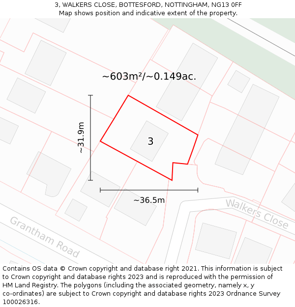 3, WALKERS CLOSE, BOTTESFORD, NOTTINGHAM, NG13 0FF: Plot and title map