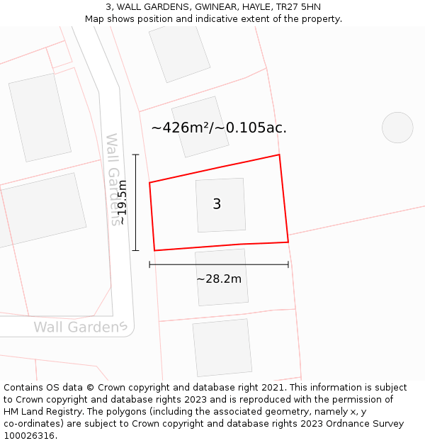 3, WALL GARDENS, GWINEAR, HAYLE, TR27 5HN: Plot and title map