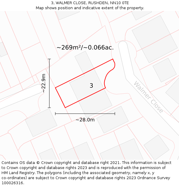 3, WALMER CLOSE, RUSHDEN, NN10 0TE: Plot and title map