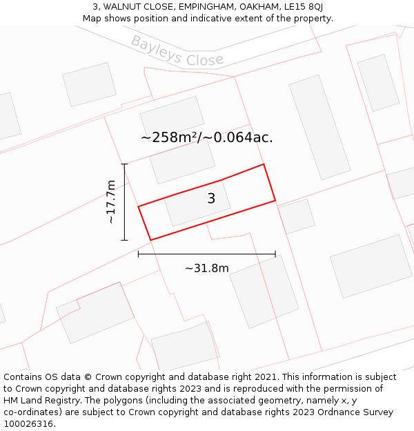 3, WALNUT CLOSE, EMPINGHAM, OAKHAM, LE15 8QJ: Plot and title map