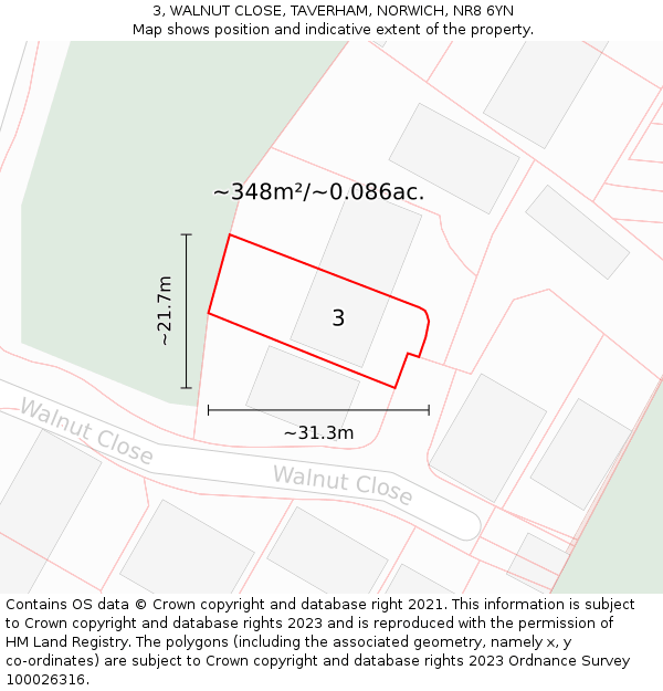 3, WALNUT CLOSE, TAVERHAM, NORWICH, NR8 6YN: Plot and title map