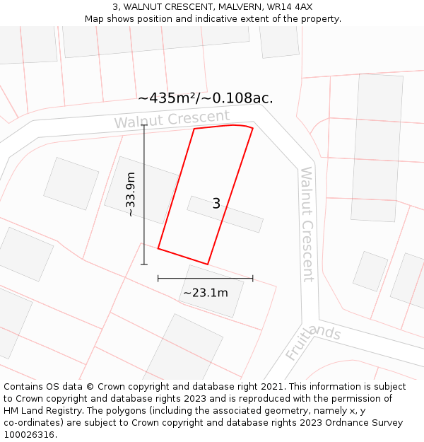 3, WALNUT CRESCENT, MALVERN, WR14 4AX: Plot and title map
