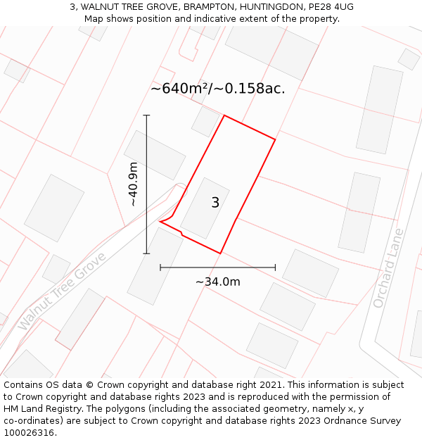 3, WALNUT TREE GROVE, BRAMPTON, HUNTINGDON, PE28 4UG: Plot and title map
