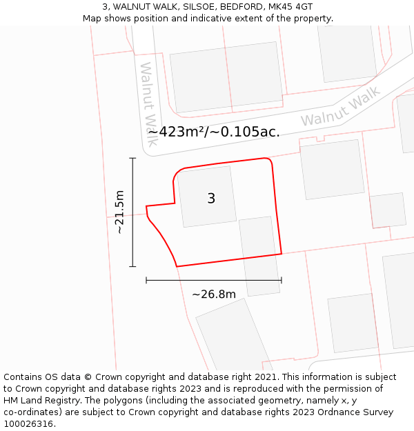 3, WALNUT WALK, SILSOE, BEDFORD, MK45 4GT: Plot and title map