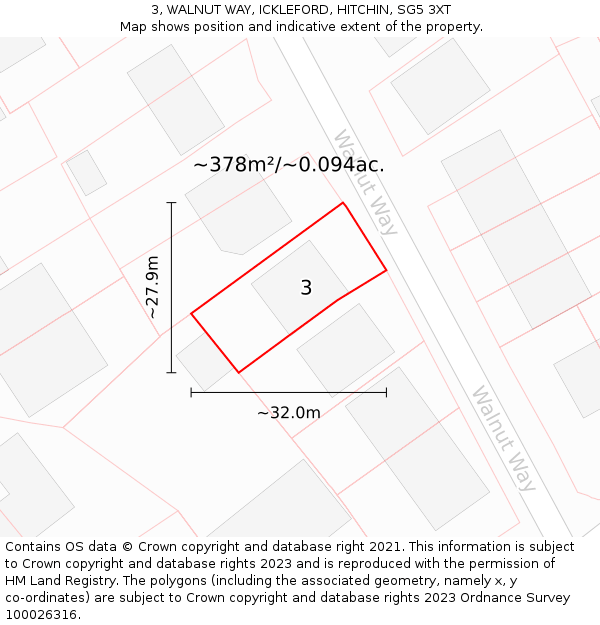 3, WALNUT WAY, ICKLEFORD, HITCHIN, SG5 3XT: Plot and title map