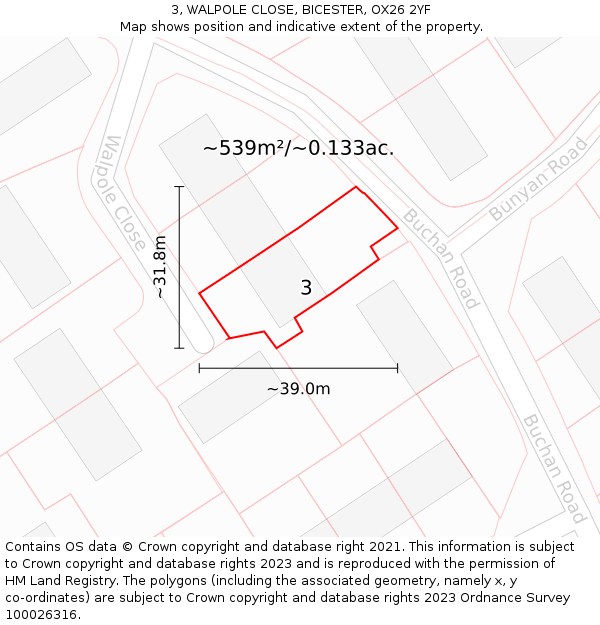3, WALPOLE CLOSE, BICESTER, OX26 2YF: Plot and title map
