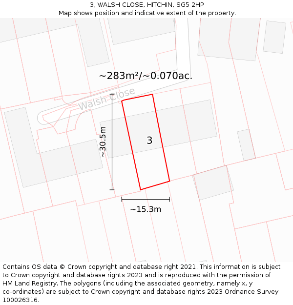 3, WALSH CLOSE, HITCHIN, SG5 2HP: Plot and title map