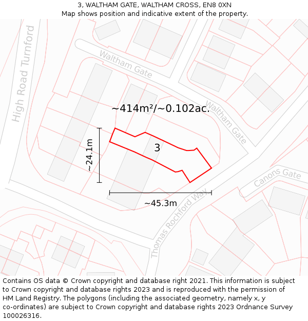 3, WALTHAM GATE, WALTHAM CROSS, EN8 0XN: Plot and title map
