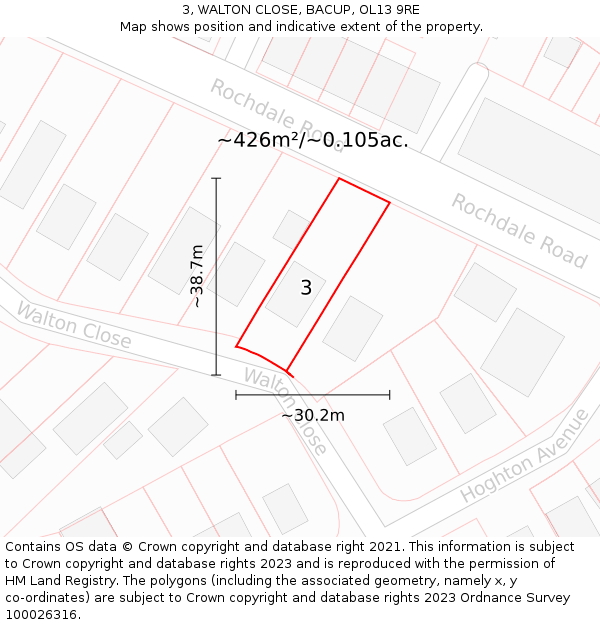 3, WALTON CLOSE, BACUP, OL13 9RE: Plot and title map