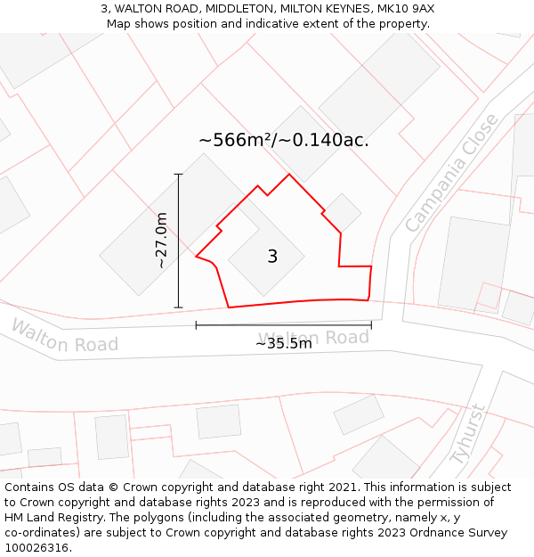 3, WALTON ROAD, MIDDLETON, MILTON KEYNES, MK10 9AX: Plot and title map