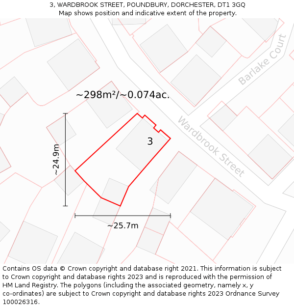 3, WARDBROOK STREET, POUNDBURY, DORCHESTER, DT1 3GQ: Plot and title map