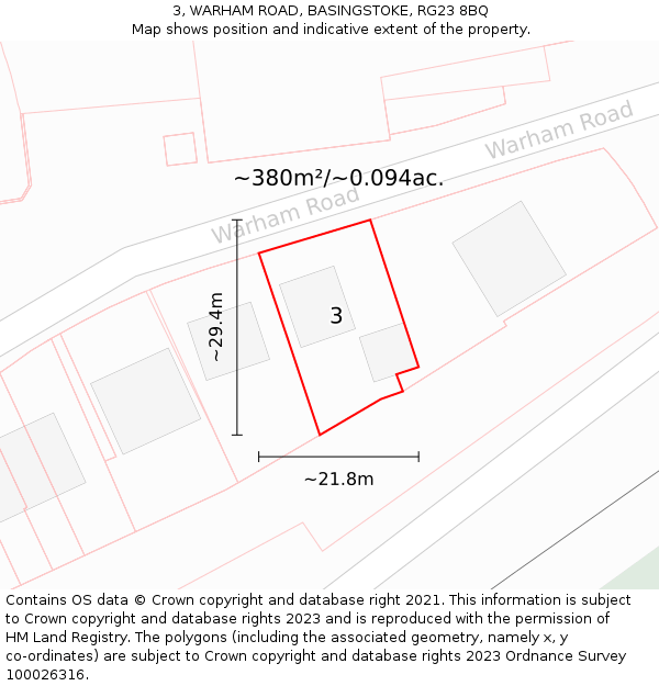 3, WARHAM ROAD, BASINGSTOKE, RG23 8BQ: Plot and title map
