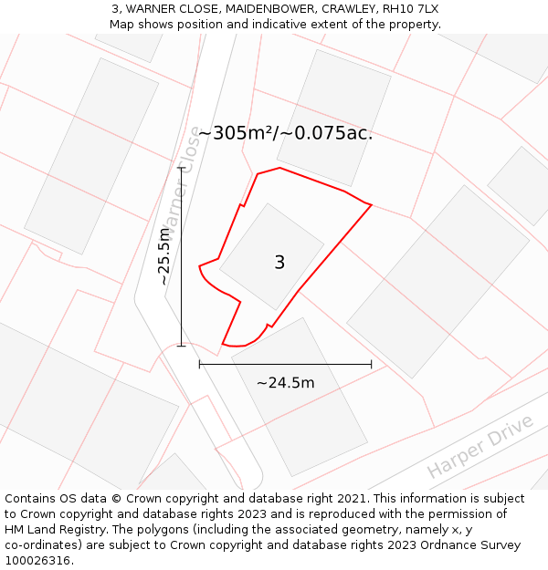 3, WARNER CLOSE, MAIDENBOWER, CRAWLEY, RH10 7LX: Plot and title map
