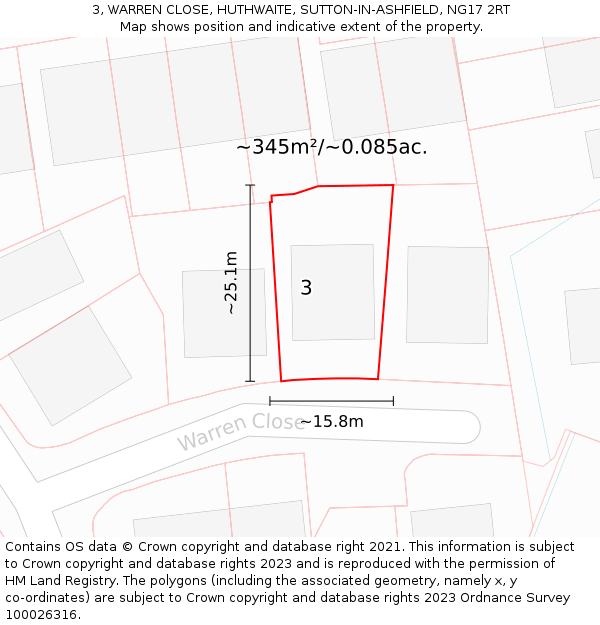 3, WARREN CLOSE, HUTHWAITE, SUTTON-IN-ASHFIELD, NG17 2RT: Plot and title map