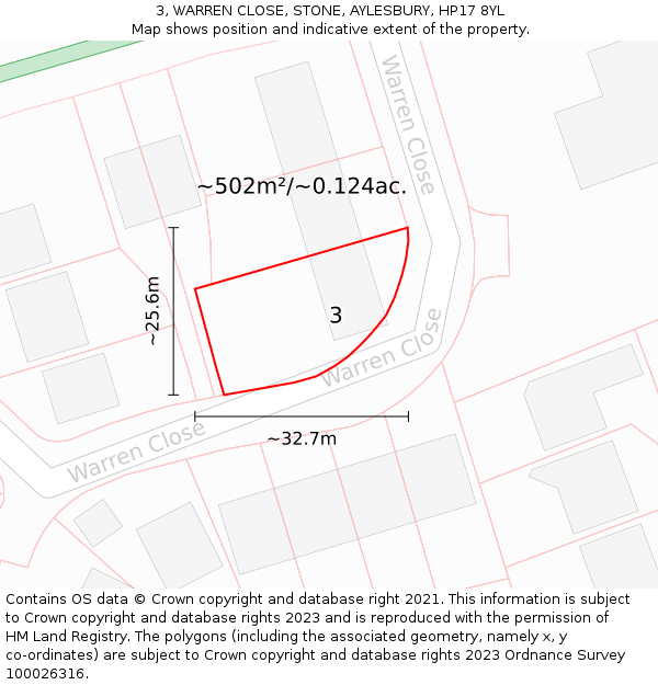 3, WARREN CLOSE, STONE, AYLESBURY, HP17 8YL: Plot and title map