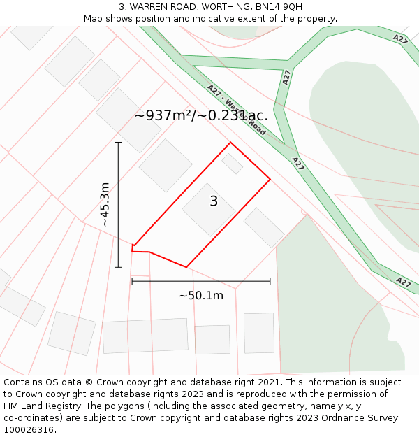 3, WARREN ROAD, WORTHING, BN14 9QH: Plot and title map