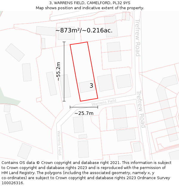 3, WARRENS FIELD, CAMELFORD, PL32 9YS: Plot and title map