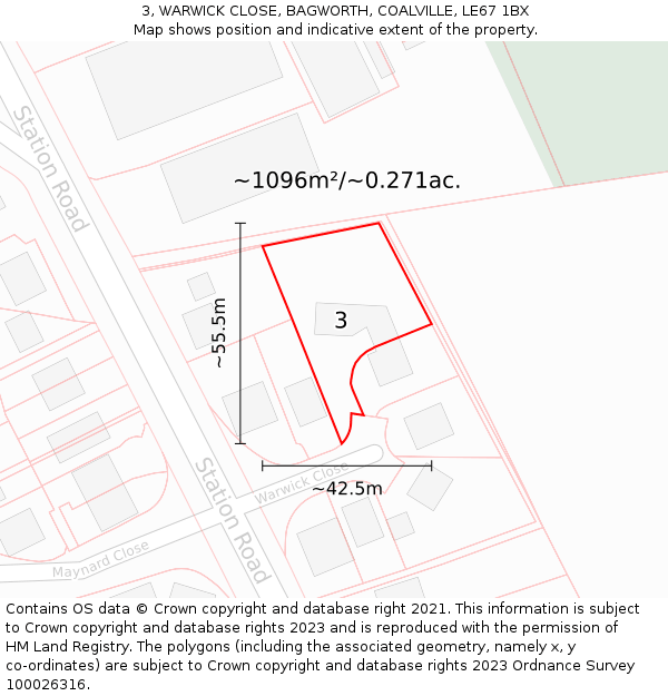 3, WARWICK CLOSE, BAGWORTH, COALVILLE, LE67 1BX: Plot and title map
