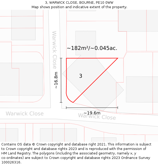 3, WARWICK CLOSE, BOURNE, PE10 0WW: Plot and title map