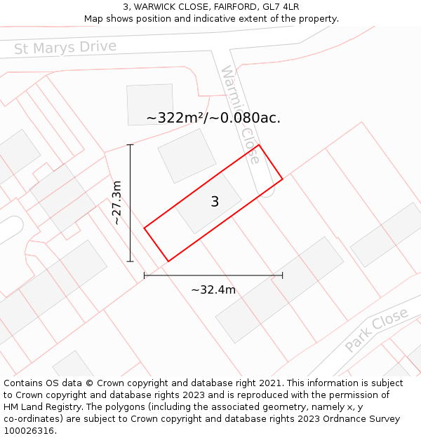 3, WARWICK CLOSE, FAIRFORD, GL7 4LR: Plot and title map