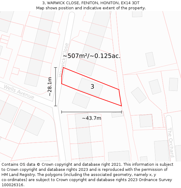 3, WARWICK CLOSE, FENITON, HONITON, EX14 3DT: Plot and title map