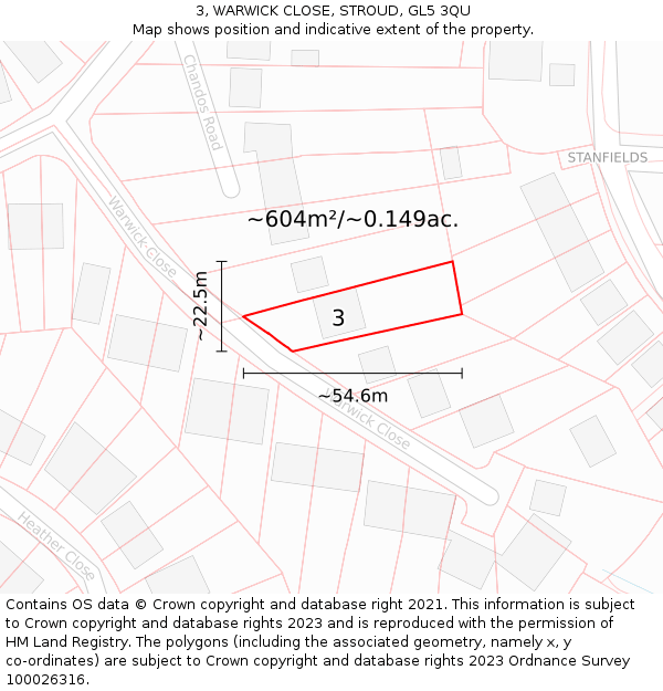 3, WARWICK CLOSE, STROUD, GL5 3QU: Plot and title map