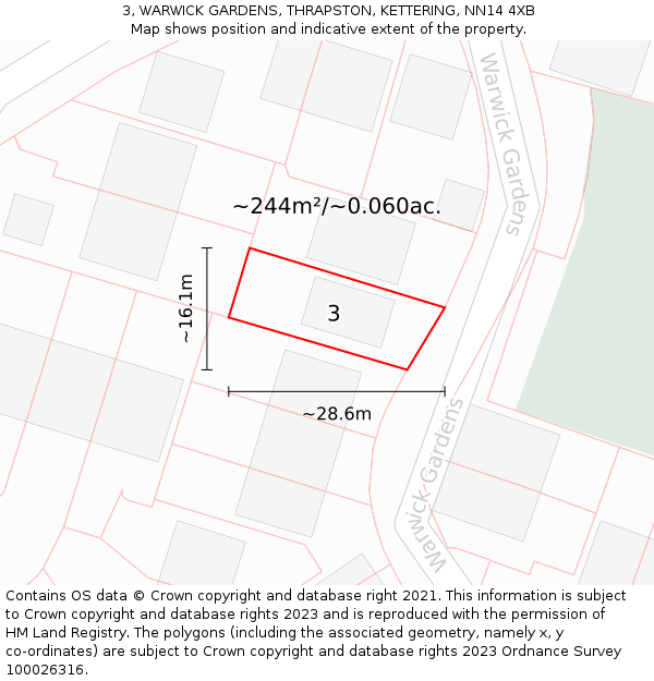 3, WARWICK GARDENS, THRAPSTON, KETTERING, NN14 4XB: Plot and title map