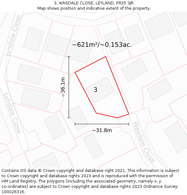 3, WASDALE CLOSE, LEYLAND, PR25 3JR: Plot and title map