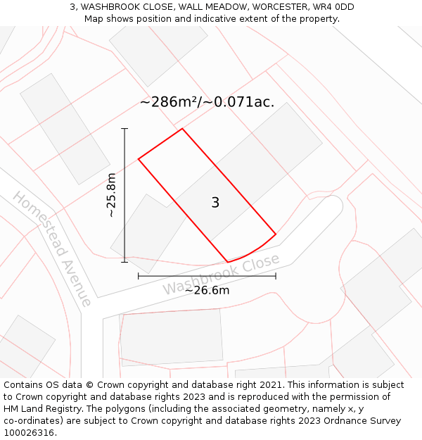 3, WASHBROOK CLOSE, WALL MEADOW, WORCESTER, WR4 0DD: Plot and title map