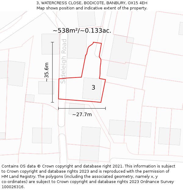 3, WATERCRESS CLOSE, BODICOTE, BANBURY, OX15 4EH: Plot and title map