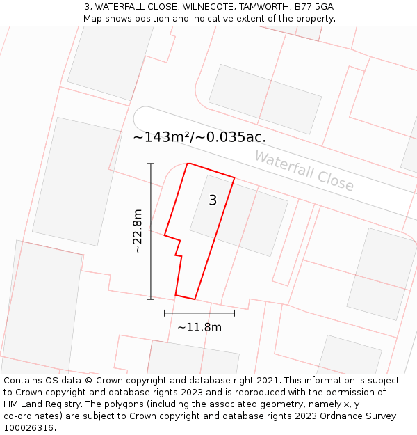 3, WATERFALL CLOSE, WILNECOTE, TAMWORTH, B77 5GA: Plot and title map