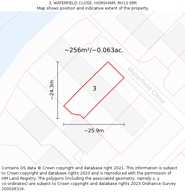 3, WATERFIELD CLOSE, HORSHAM, RH13 5RR: Plot and title map