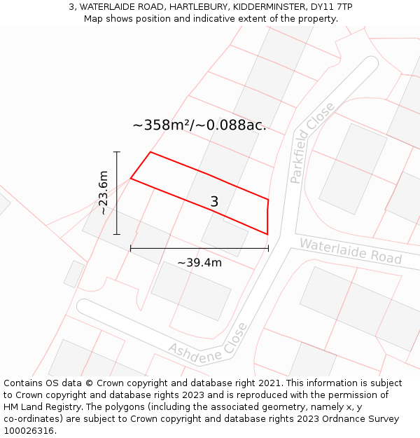3, WATERLAIDE ROAD, HARTLEBURY, KIDDERMINSTER, DY11 7TP: Plot and title map