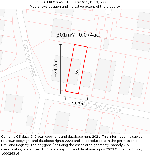 3, WATERLOO AVENUE, ROYDON, DISS, IP22 5RL: Plot and title map