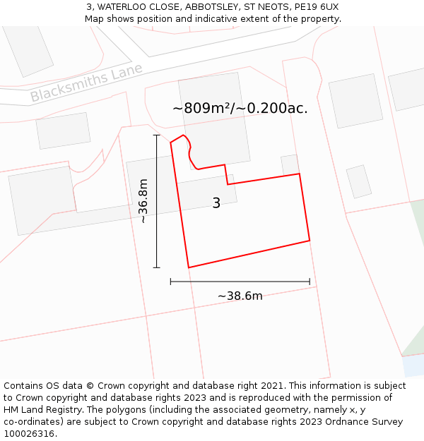 3, WATERLOO CLOSE, ABBOTSLEY, ST NEOTS, PE19 6UX: Plot and title map