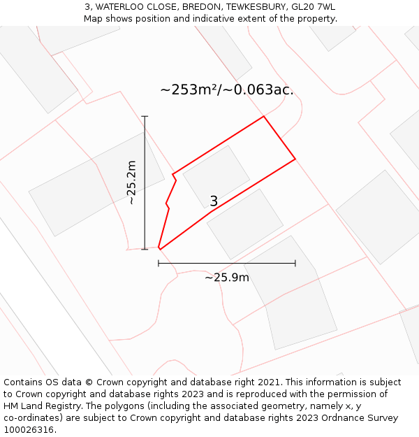 3, WATERLOO CLOSE, BREDON, TEWKESBURY, GL20 7WL: Plot and title map