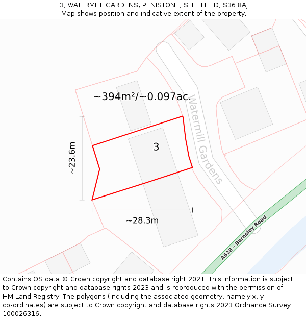 3, WATERMILL GARDENS, PENISTONE, SHEFFIELD, S36 8AJ: Plot and title map