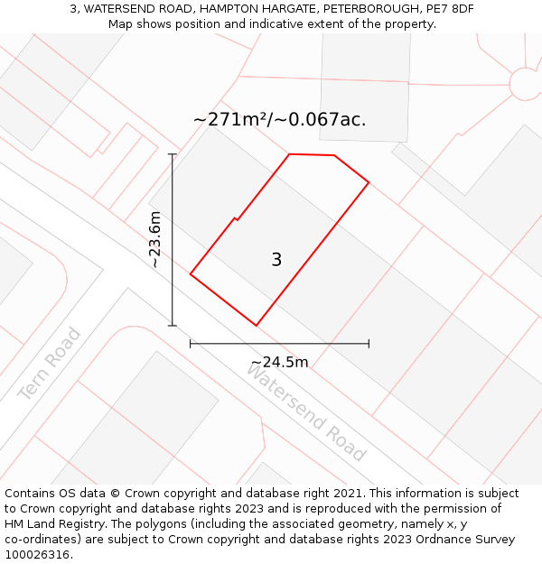 3, WATERSEND ROAD, HAMPTON HARGATE, PETERBOROUGH, PE7 8DF: Plot and title map