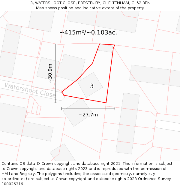3, WATERSHOOT CLOSE, PRESTBURY, CHELTENHAM, GL52 3EN: Plot and title map