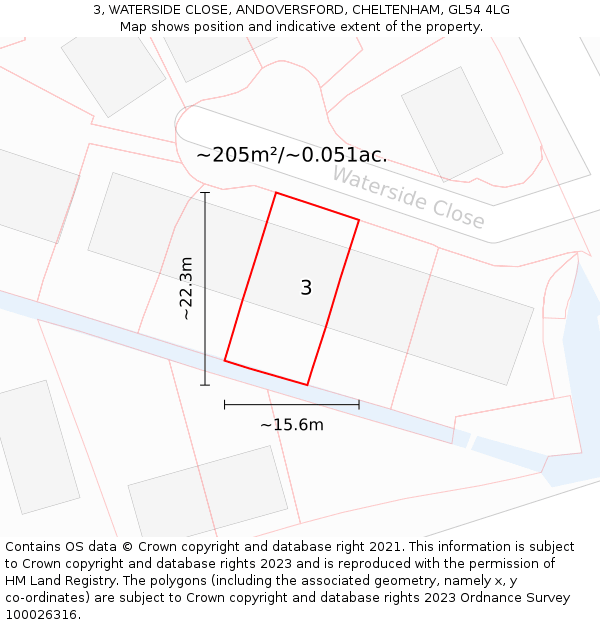 3, WATERSIDE CLOSE, ANDOVERSFORD, CHELTENHAM, GL54 4LG: Plot and title map
