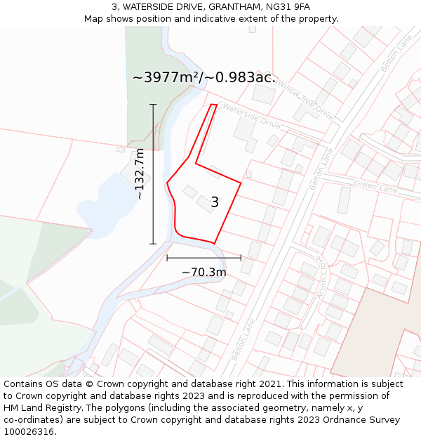 3, WATERSIDE DRIVE, GRANTHAM, NG31 9FA: Plot and title map
