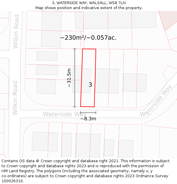 3, WATERSIDE WAY, WALSALL, WS8 7LN: Plot and title map