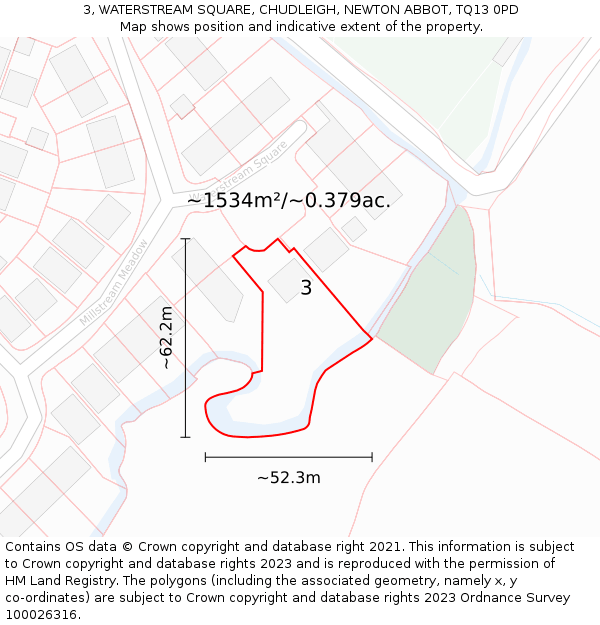 3, WATERSTREAM SQUARE, CHUDLEIGH, NEWTON ABBOT, TQ13 0PD: Plot and title map