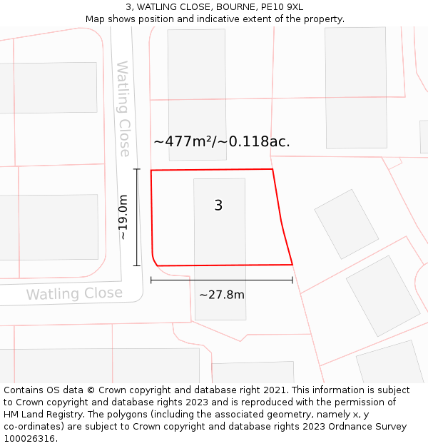 3, WATLING CLOSE, BOURNE, PE10 9XL: Plot and title map