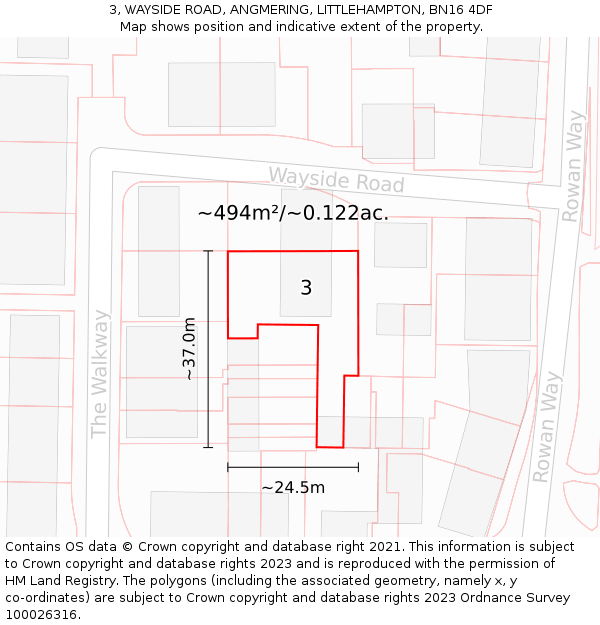 3, WAYSIDE ROAD, ANGMERING, LITTLEHAMPTON, BN16 4DF: Plot and title map